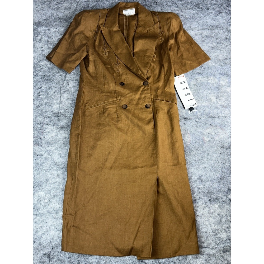 NWT Vintage Ann Tjian For Kenar 2 Womens 10 Dress Clay Brown 100% Linen BOHO New